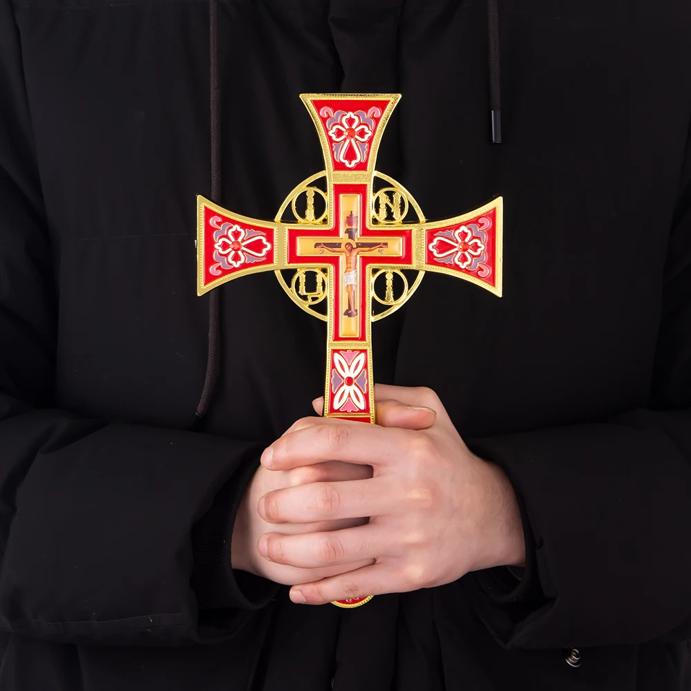 HTISOK Orthodoxes Altarkreuz im Byzantinischen Stil, Vergoldet, Emailliert, Stehendes Jesus-Kruzifix zur Kirchendekoration, Orthodoxes Kreuz – Detail 5