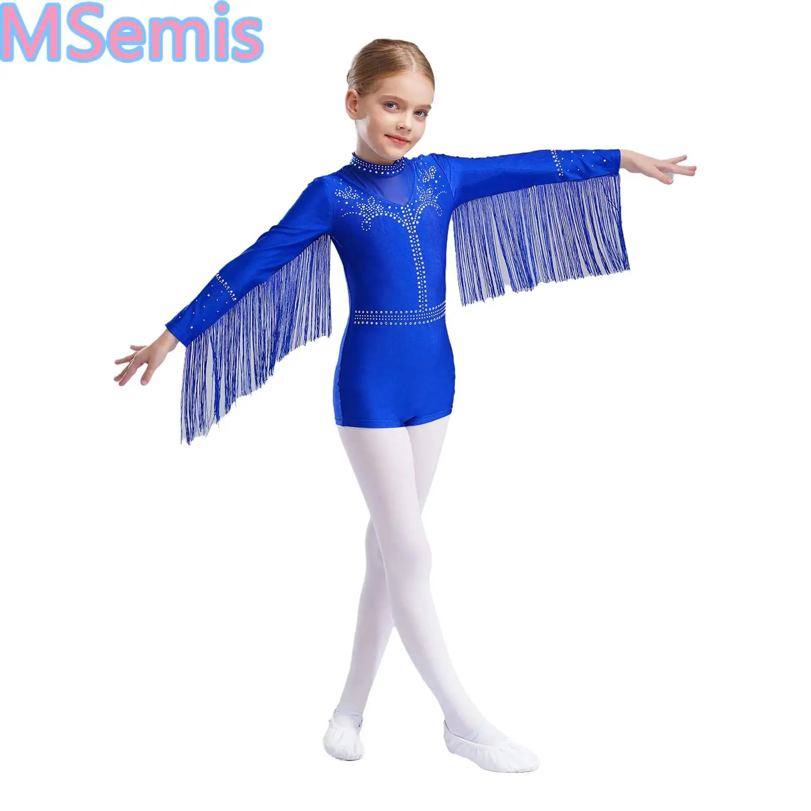 

Kids Girls Tassels Jazz Dance Leotard Sparkly Rhinestones Mock Neck Long Sleeve Fringe Bodysuit for Stage Performance