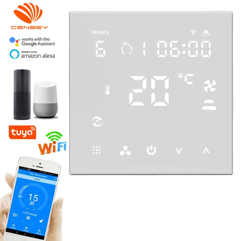 

Cenbey Tuya WIFI Thermostat Air Conditioning Thermostat Cooling And Heating Three Speed Control Switch Fan Coil Unit 24V 90-240V