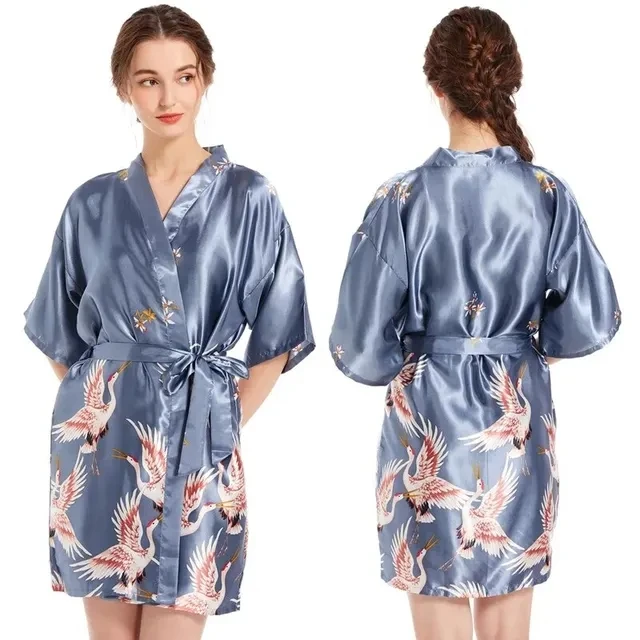 

Women's Fashion Sexy Silk Satin Cropped Wedding Bridesmaid Gown Kimono Comfortable, Breathable And Skin-Friendly Floral Bathrobe