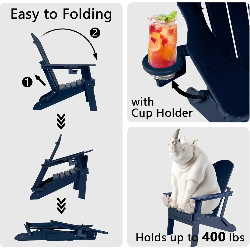 Folding Adirondack Chair - Extended Ergonomic Backrest, Cup Holder - Easy Assembly - Durable HDPE Plastic, Weather Resistant & M