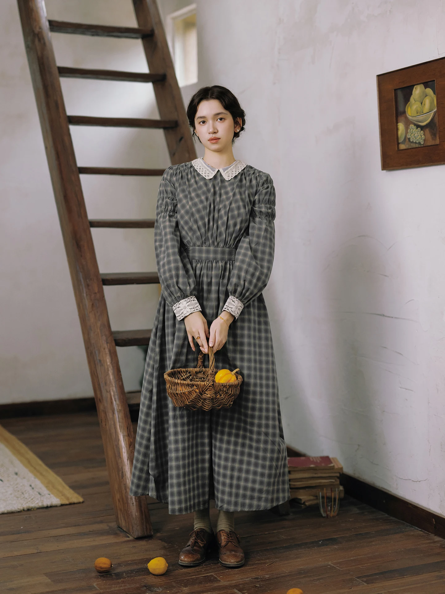 เดรสผ้าฝ้ายแท้ 100% สำหรับผู้หญิง สไตล์วินเทจ แขนยาวทรงแม็กซี่ เอวสูง ลายสก็อต ปกพับได้ ไซส์ S-XL เหมาะสำหรับฤดูใบไม้ผลิและฤดูใบไม้ร่วง