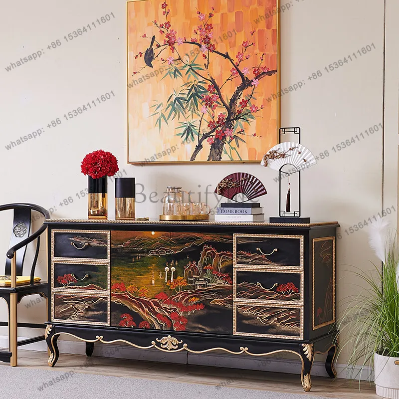 FG Neoclassical European American Black Painting Landscape Gold Painting Living Room Entrance Storage Cabinet