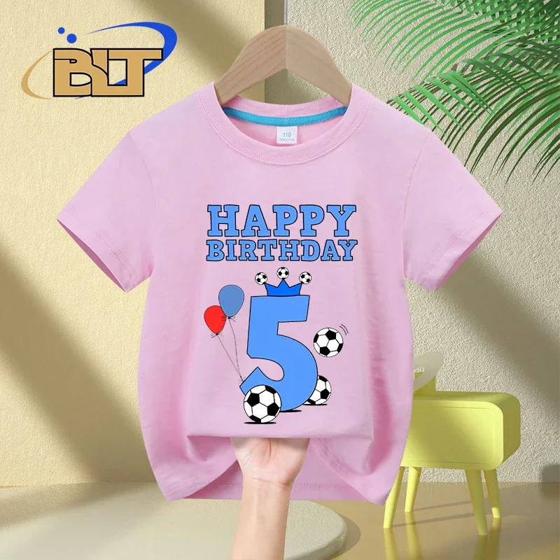 Camiseta con número de cumpleaños de fútbol para niños, tops casuales de manga corta de algodón, 5 ° cumpleaños, Verano