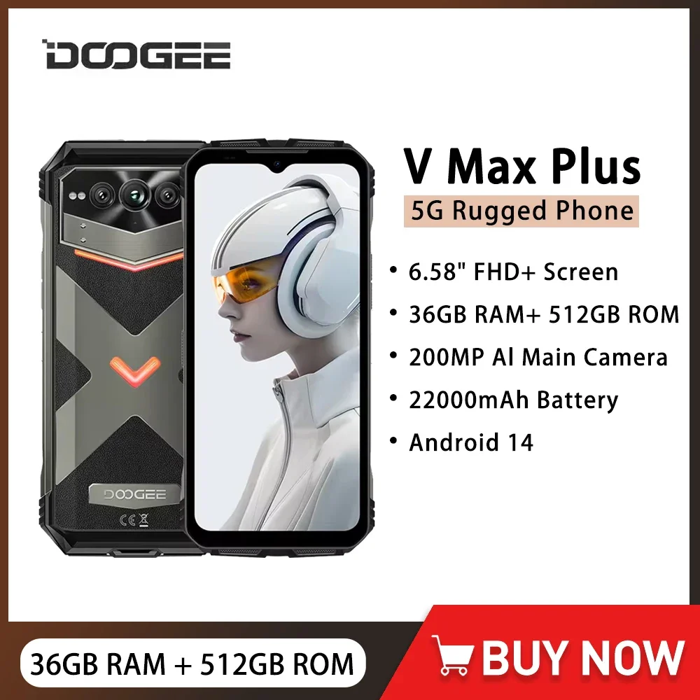 DOOGEE V Max Plus 5G Rugged Smartphone Android 14 Octa Core 6.58 Inch 36GB+512GB Mobile Phone 200MP 22000mAh 33W Fast Charge NFC