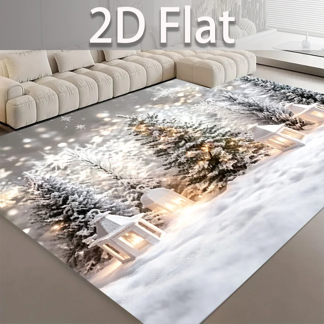White Winter Lantern Christmas Area Rug Snow Covered Pine Tree Warm Glowing Lantern Bokeh Snowflake Print Floor Mat Home Carpet