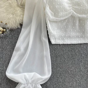 Singgreiyy -Bälle falten kurze Bluse für Frauen, Schnittuhr, langer Schlaf, Halfterblatt, elastische Woche, französische Mode, Strandbluse, Sommer 6 Hauptverkäufe Frauen Beach Camisão - №4