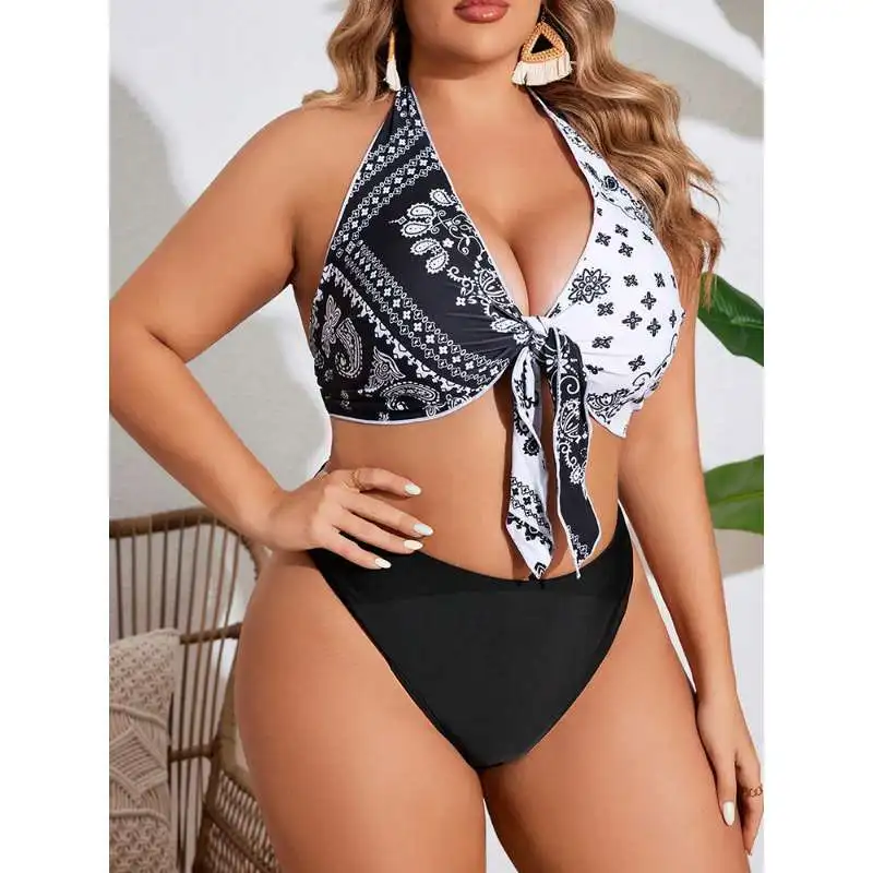 2026 Plus Size Print Bikini Set Women Halter V Neck Tie Front Bikini Top High Cut Bottom Trendy Bathing Suit for Brazilian Beach