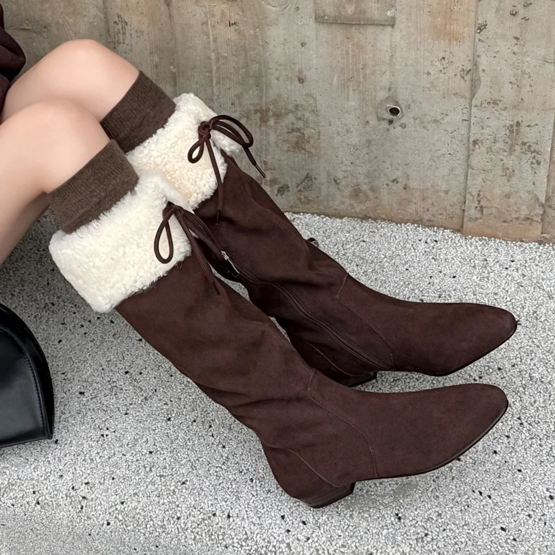 

Women's natural suede leather pointed toe side zip slip-on winter knee high snow boots high quality soft comfortable long boots