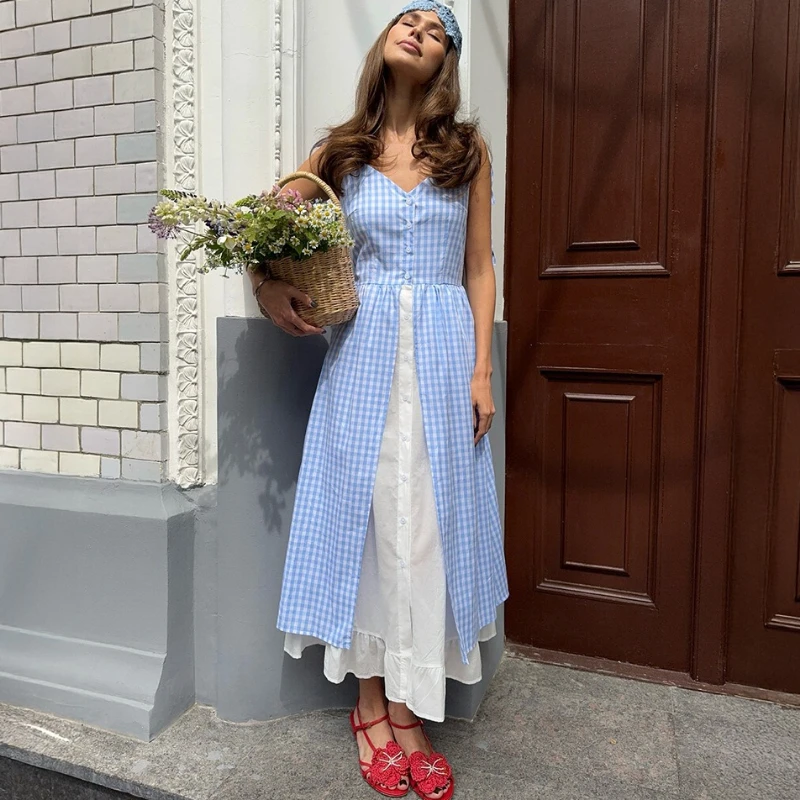 TARUXY Blau Plaid Patchwork Kleid Frauen Sommer Neue Elegante Faux Zwei-Stück Einreiher Splice Slip Kleid Weibliche bankett Kleid