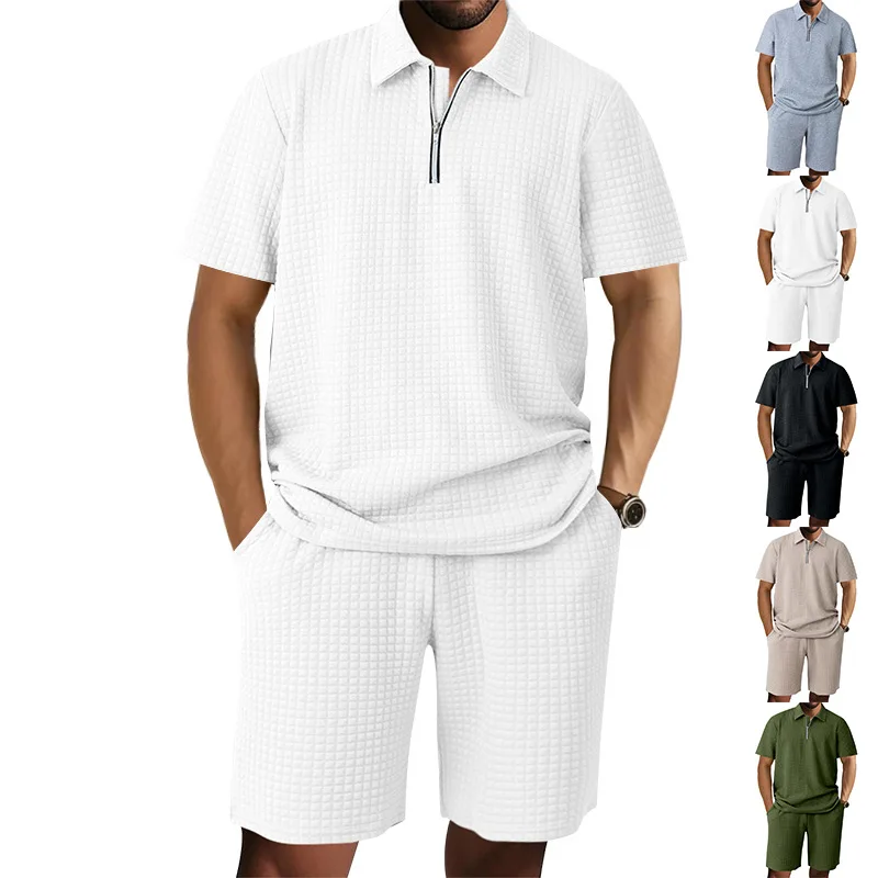 Pop Summer New Men's Suit Heavyweight Small Check Jacquard Loose Casual Lapel POLO Shirt Short Sleeve + Men's Shorts Set