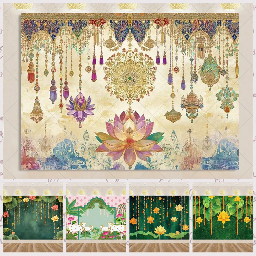 Indischer Tempel-Thema, Lotus-Ziege, Gott, Ringelblumen-Hintergrund, individuelle Festival-Feier, Party-Dekoration, Banner, Fotografie-Requisiten