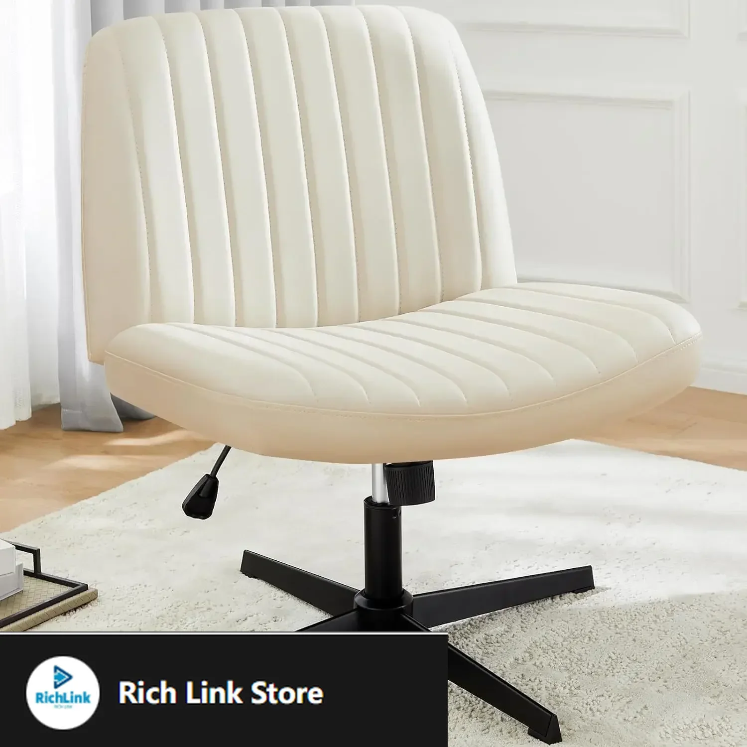 

Cross Legged Armless Wide Wheels, Modern Home Office Desk Swivel Adjustable Leather Vanity Chair, Cream