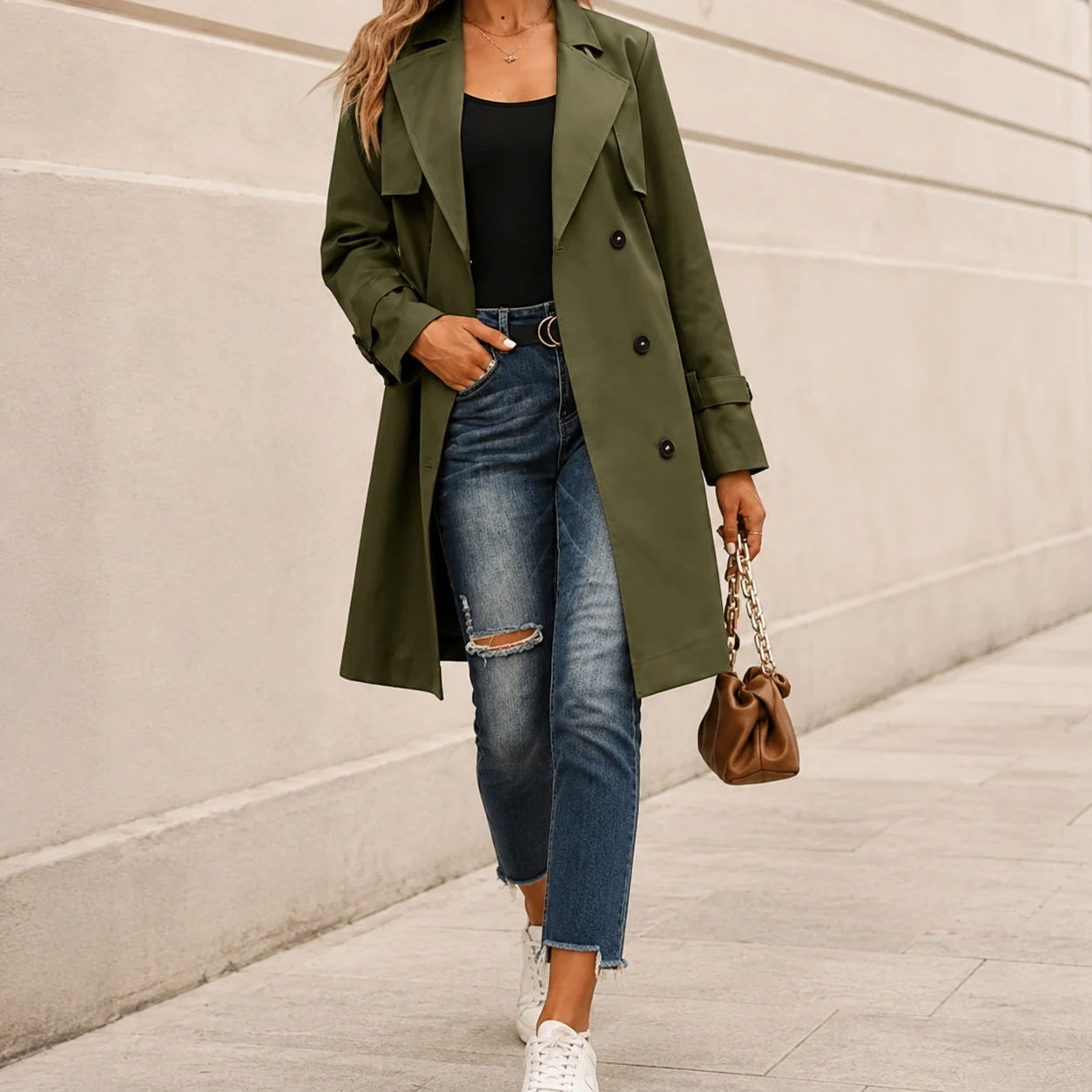 Patchwork Coat Square Neck Regular Fit Commuter Style with Double Breasted Strap Detail Elegant Mid Length Women Autumn Coat