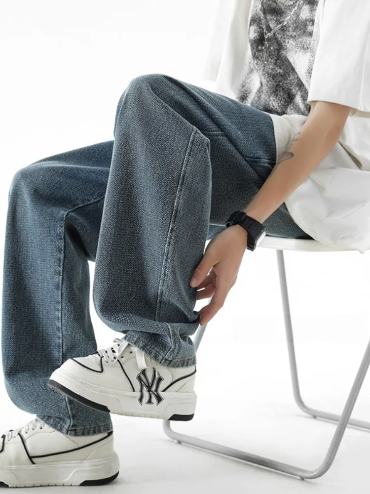 

Летние тонкие прямые джинсы с широкими штанинами, мужские свободные повседневные длинные брюки в американском стиле, подростковые, из смеси хлопка и полиэстера