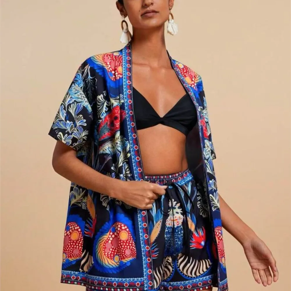 Women Printed Beachwear Style 2 Piece Sets Summer Lapel Three Quarter Sleeve Blouse+Shorts Matching 2025 Holiday Outfit Clothing