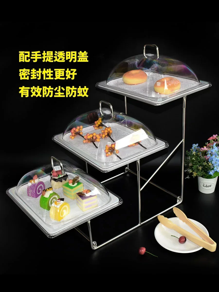 Buffet food display rack with three tiers of pastries, cakes, fruit trays, desserts, pastry racks with flip lids, multi-layer