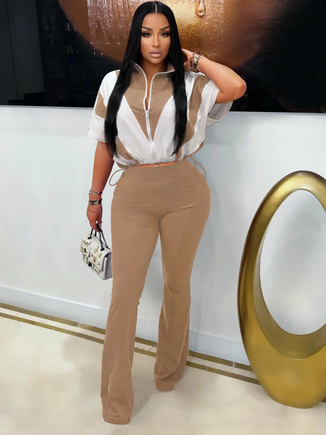 レディースパンツセット ツーピースセット ターンダウンカラー 半袖ジッパー付きトップス ワイドレッグロングパンツ ハイウエスト Y2K ストリートウェア ワークウェア