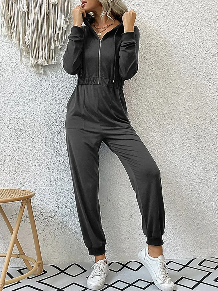 2024 Herfst Mode Capuchon Overalls Rompertjes Trainingspakken Met Rits Capuchon Casual Sportkleding Lente Nieuwe Broek Zakken Jumpsuit Elegant