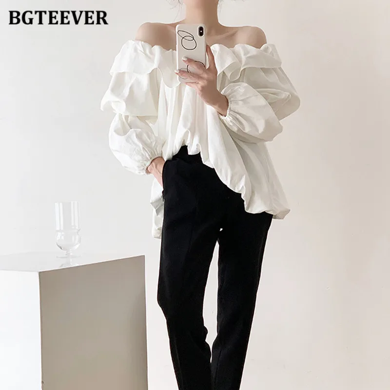 BGTEEVER Elegant Slash Neck Ruffles Blouses Women Long Sleeve Loose Pullovers Ladies White Shirts Autumn Blusas