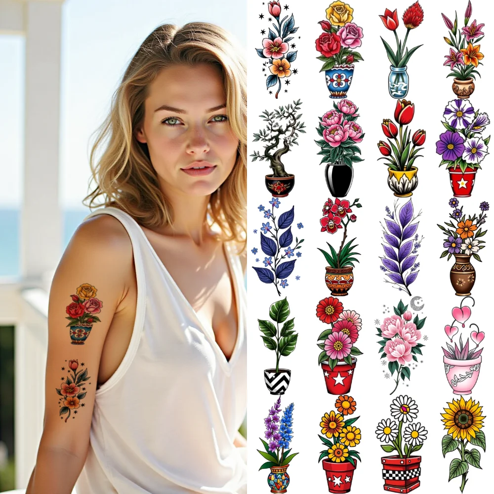 

28pcs Temporary Tattoo New School Traditional Tulip Gerbera Lily For Men Arms Chest