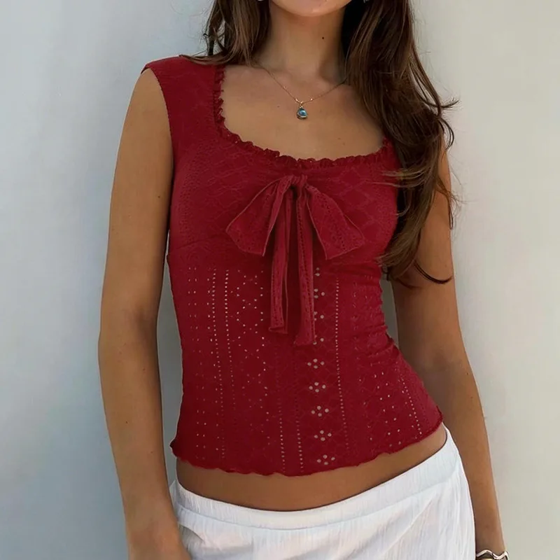 

2026 European and American Sexy Solid Color Bow Tie Vest Square Neck Sleeveless Hot Girl Casual Short Top for Women