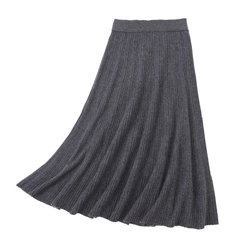 가을 겨울 여성용 100% 메리노 울 숏 스커트 미드-칼프 클래식 하이웨이스트 풀 스커트 솔리드 니트 소프트 패션 드레스