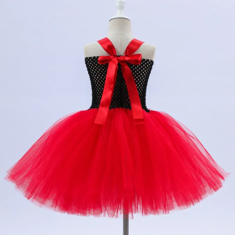 Girls Queen of Hearts Costume Kids Halloween Dress up Fancy Tutu Dress with Crown Classic Wonderland Red Queen Gown Clothes