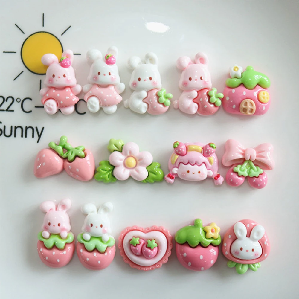 10PCS Shiny Strawberry Rabbit Series Resin Flatback Cabochons For Hairpin Scrapbooking DIY Jewelry Craft Decoration Accessories