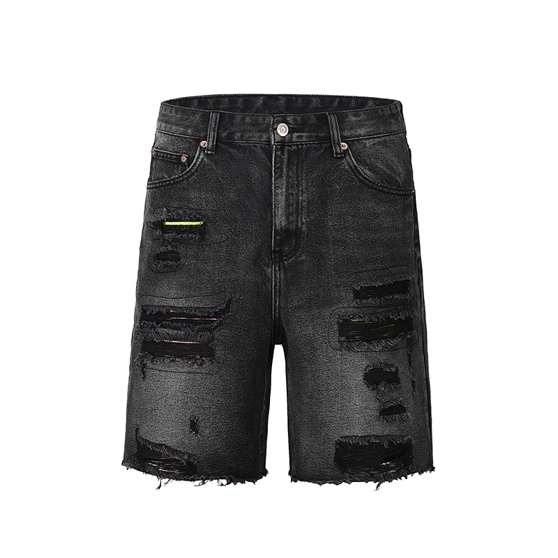 Black Ripped Jorts Distressed Damaged Denim Shorts Men