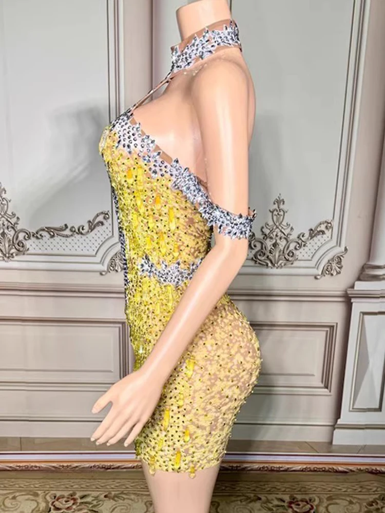 Vestido elástico colgante con cuello Sexy y diamantes de imitación de alta calidad, nueva moda 2025, ropa personalizada para mujer