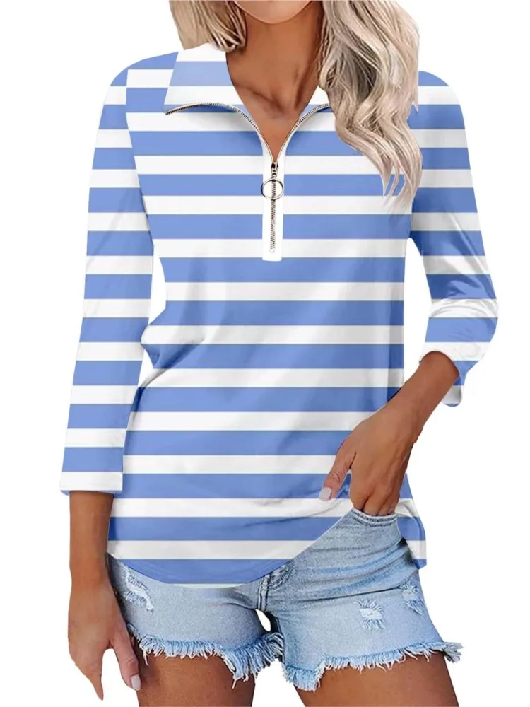 

2024 New Autumn And Winter Women's Tops Printed T-shirt Fashion Zipper Digital Casual Loose Long-sleeved T-shirt Top