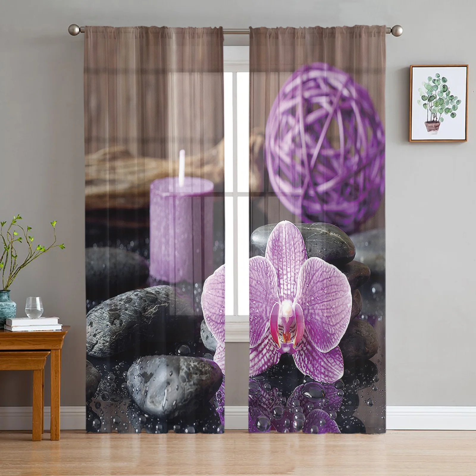 Zen Stone Purple Orchid Calm Candle Window Curtains Bedroom Modern Drape Sheer Tulle Valances Living Room Kitchen Voile Curtain