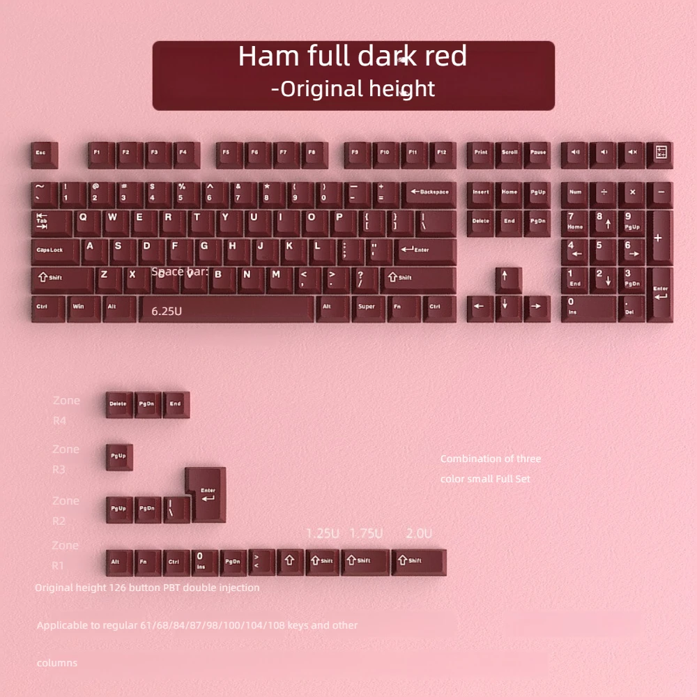 

Темно-красные аксессуары для клавиатуры. Колпачки для клавиш. Материал PBT. Маленький полный набор с фронтальной печатью. 126-клавишная оригинальная высота, двухцветный.