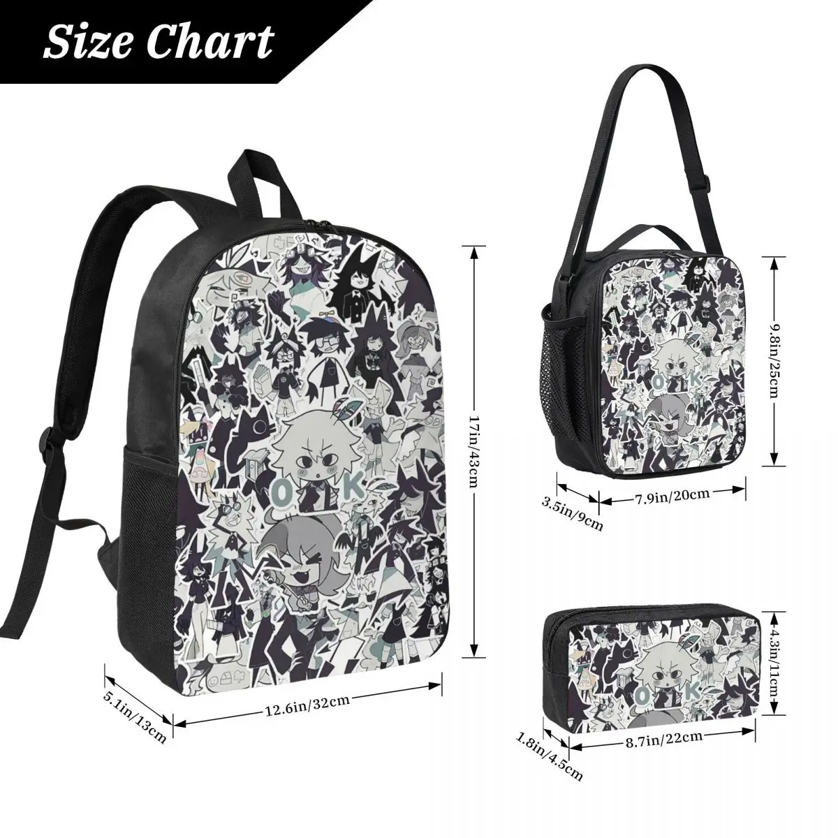 Cartoon Miss Circle Backpack Student BookBag School Bag Computer Shoulder Bags 3ps Insulated Lunch Bag Pencil Case