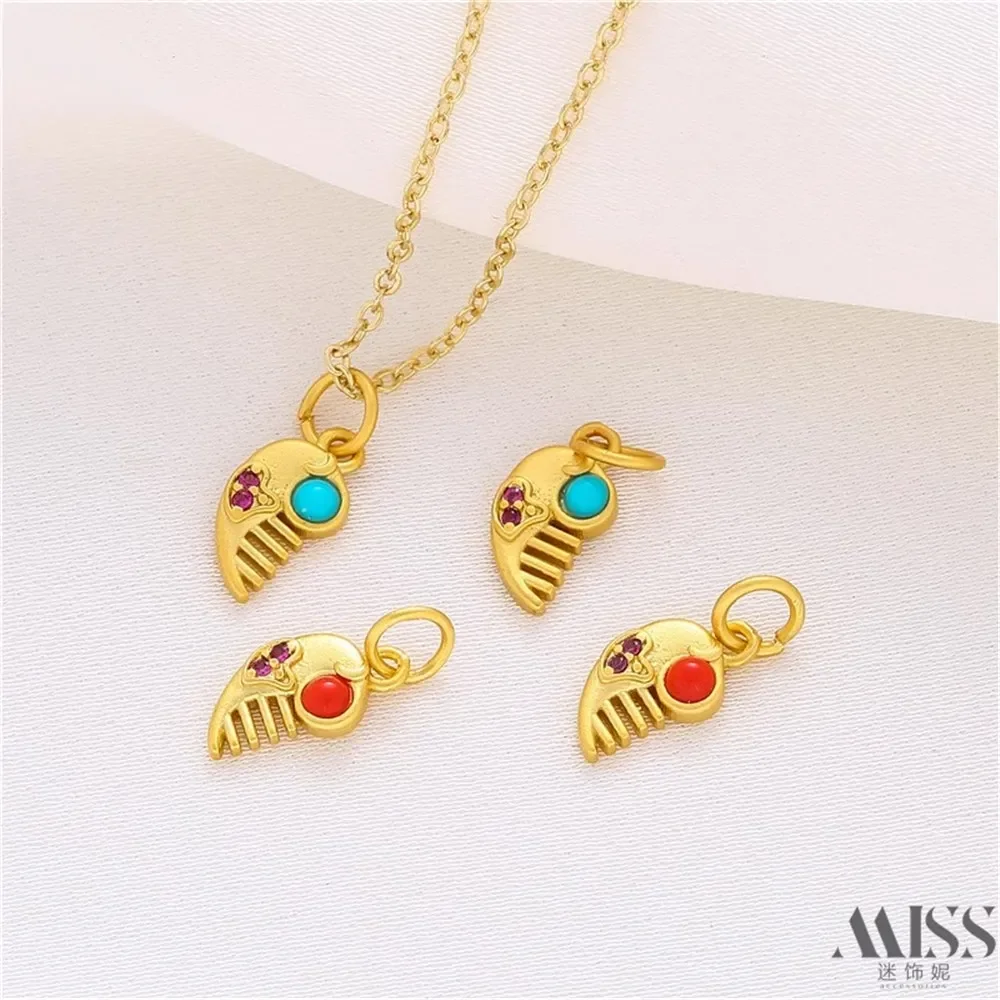 Mute Gold Color Retention Nanhong Green Pine Zircon Small Comb Pendant DIY Accessories Handmade Bracelet Necklace Jewelry Pendan