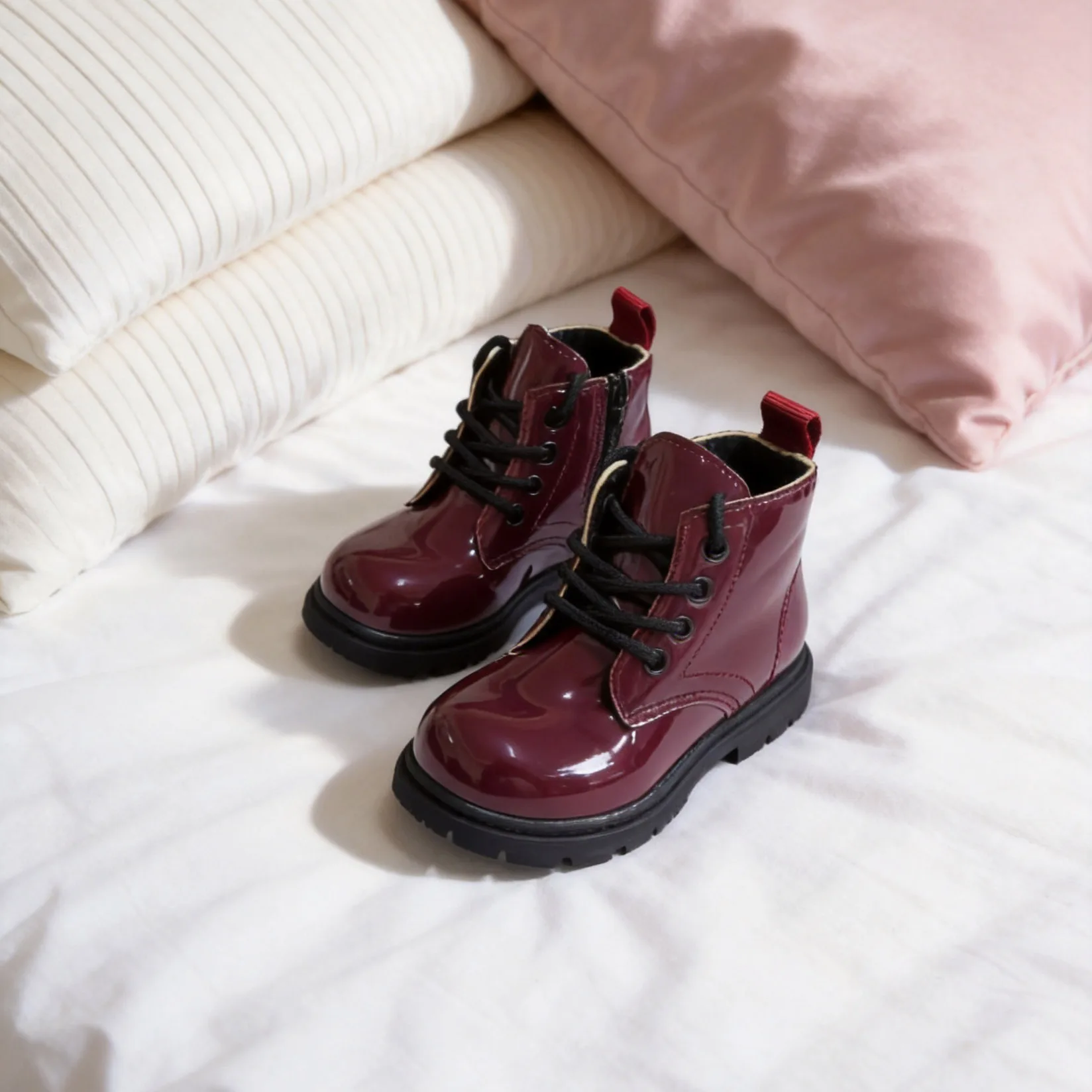 COMFY KIDS Boys Girls Burgundy Patent Glossy Ankle Boots Kids Lace Up Side Zipper Platform Fashion Daily Short Boots