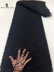 Black African Beaded Lace Fabric, High Quality French Tulle, Nigeria Groom Material, Wedding Party, May Lace, 5Yards, 2023