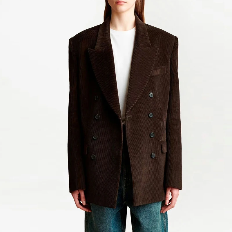 Celebrity Same Style Fall And Winter Retro Fashionable Mocha Brown Corduroy Suit Wide Shoulder Stereo Cut Twill Suit