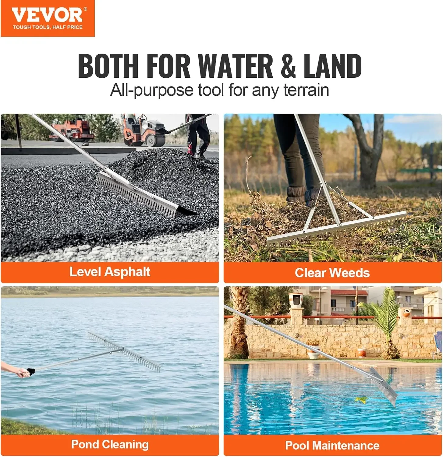 Landscape Rake, 36" Head Aluminum Landscape Rake, Lake Weed Rake with 75" Long Handle, for Loosening Soil, Lawn Care,