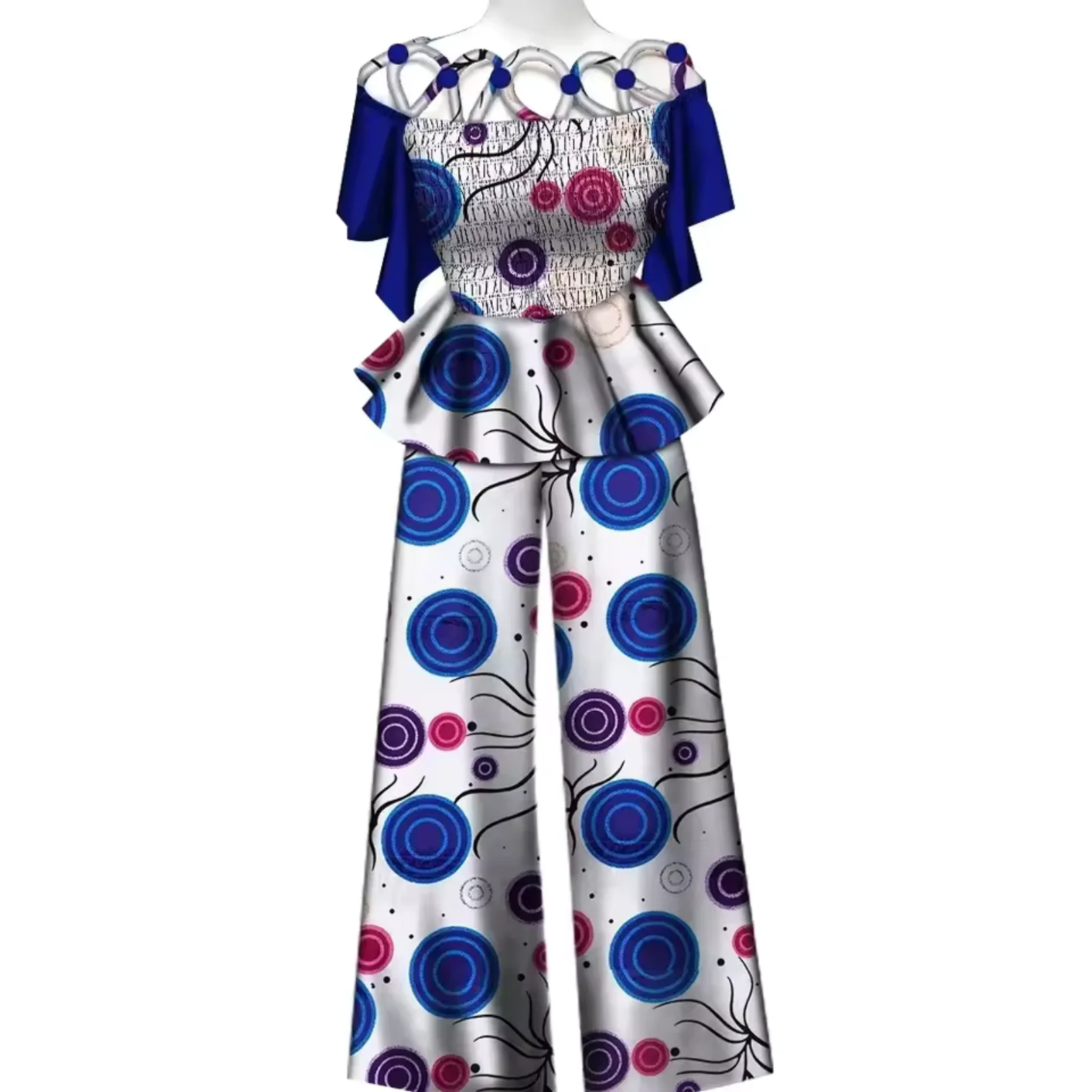 African Plus Size Breathable Woman's 2-Piece Outfit Cotton Rope Weaving Collar Smocked Tops and Long Wide Leg Pants