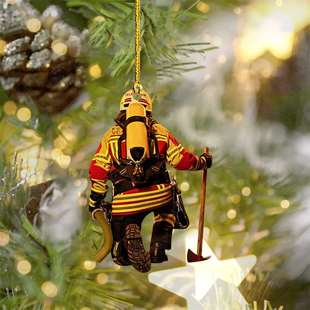 شجرة عيد الميلاد زخرفة النار تحت عنوان ديكور المنزل سلسلة مفاتيح مصنوعة من الأكريليك شخصية رجال الاطفاء قلادة للهدايا لرجال الإطفاء