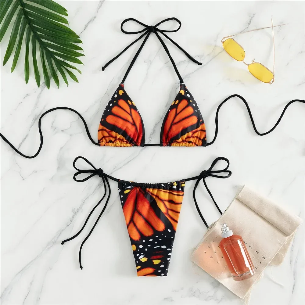 

Sexy Butterfly Print Swimwear String Bikinis Set Micro Extremo Mini Thong Swimsuit Women Bathing Suit Triangle Bikini 2024 Mujer