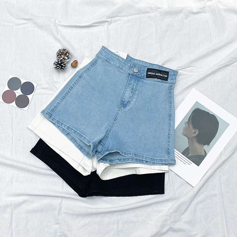 

Summer Slimming High Waist Denim Shorts Women's Light Color Elastic Stretchy Hot Pants INS Versatile Jeans Short Length Wide Leg