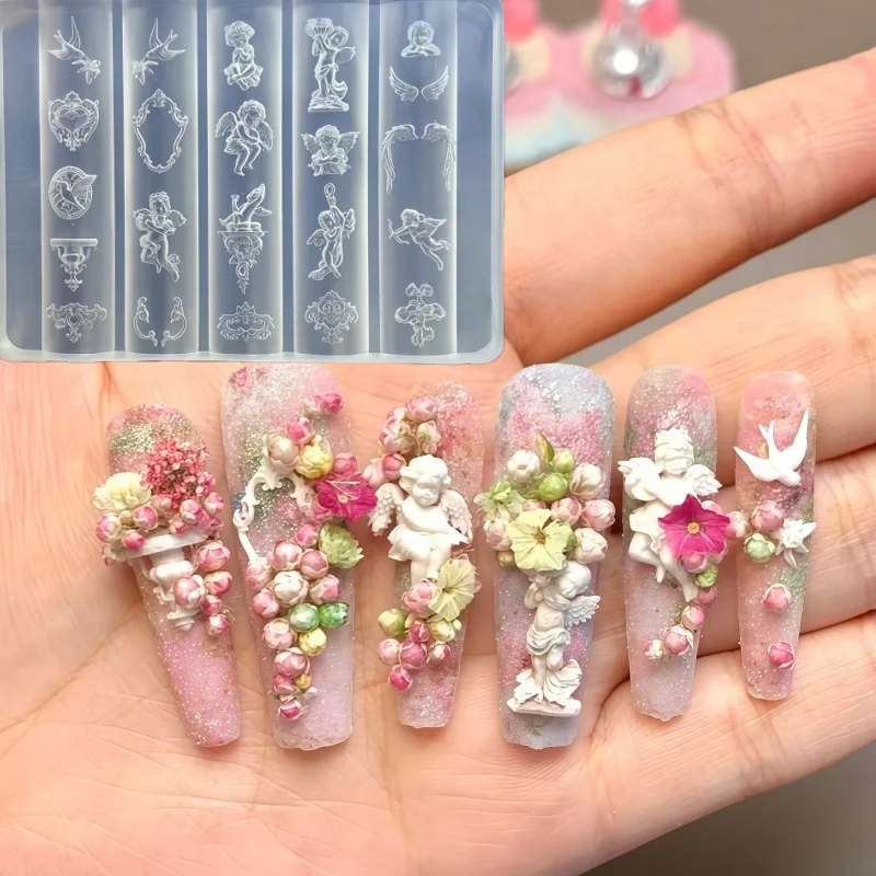 Cadre Photo en Relief d'ange Baroque, piscine de souhaits, ailes de dieu d'amour, décoration 3D pour Nail Art, moule Transparent