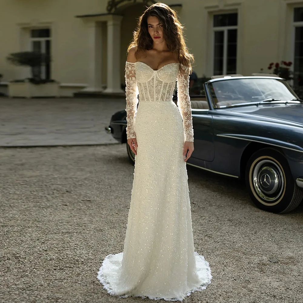 

Modern Wedding Dresses Lace Sheath/Column Wedding Guest Dress Ivory Off-the-shoulder Applique Wedding Party Dresses Long 2025