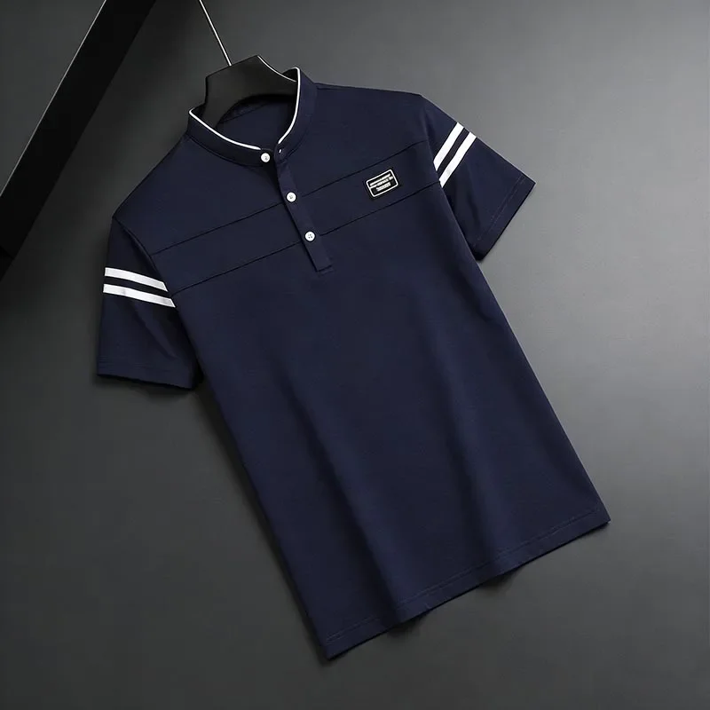 All Seasons Men's Black Stand Collar Short Sleeve Polo Shirt White Stripe Detail Casual Top