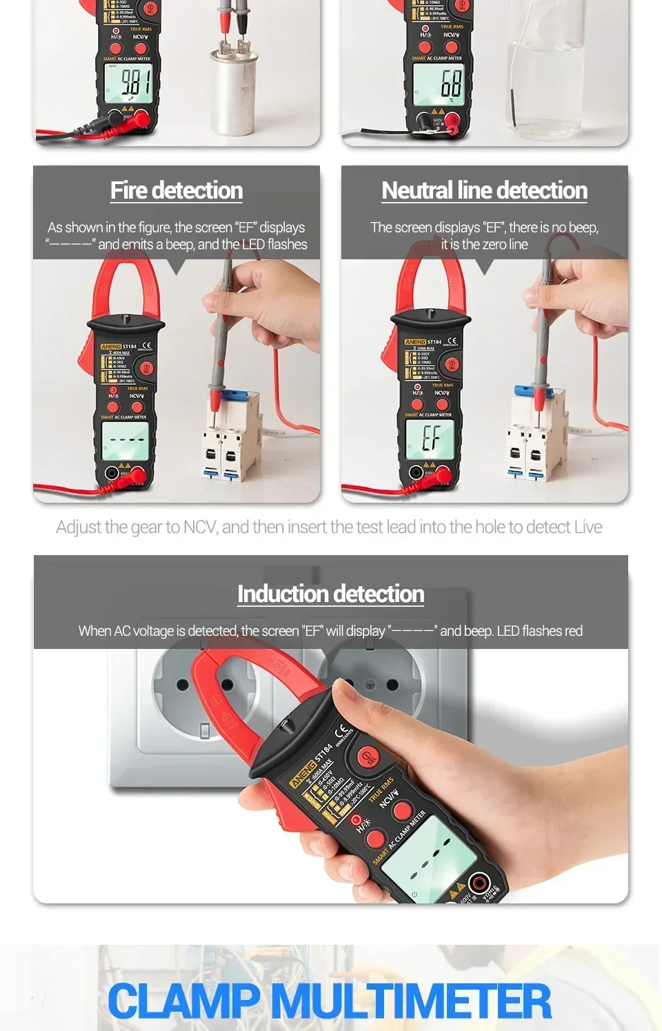 ANENG ST184 True RMS Zangenamperemeter Digitales Multimeter AC DC Spannung Strom Widerstand NCV Induktionsdetektor für Elektriker – Detail 4