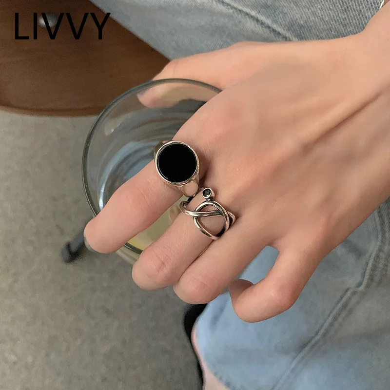 LIVVY Silver Color Fashion Black Round Finger Rings For Women Creative Hollow Out Geometry Cross Party Jewelry Accessories Gifts