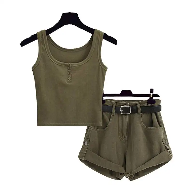 

Sweet Cool Denim Set Women's Summer New Faionable Strap Vest with Slimming Sli Work ort Pants Two Piece Set